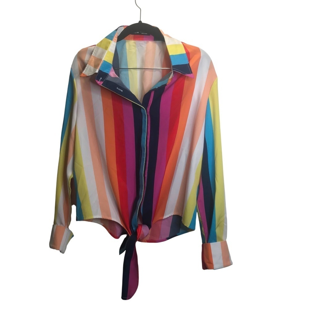Women’s Multicolor Vertical Striped Button-Up Blouse Tie Front